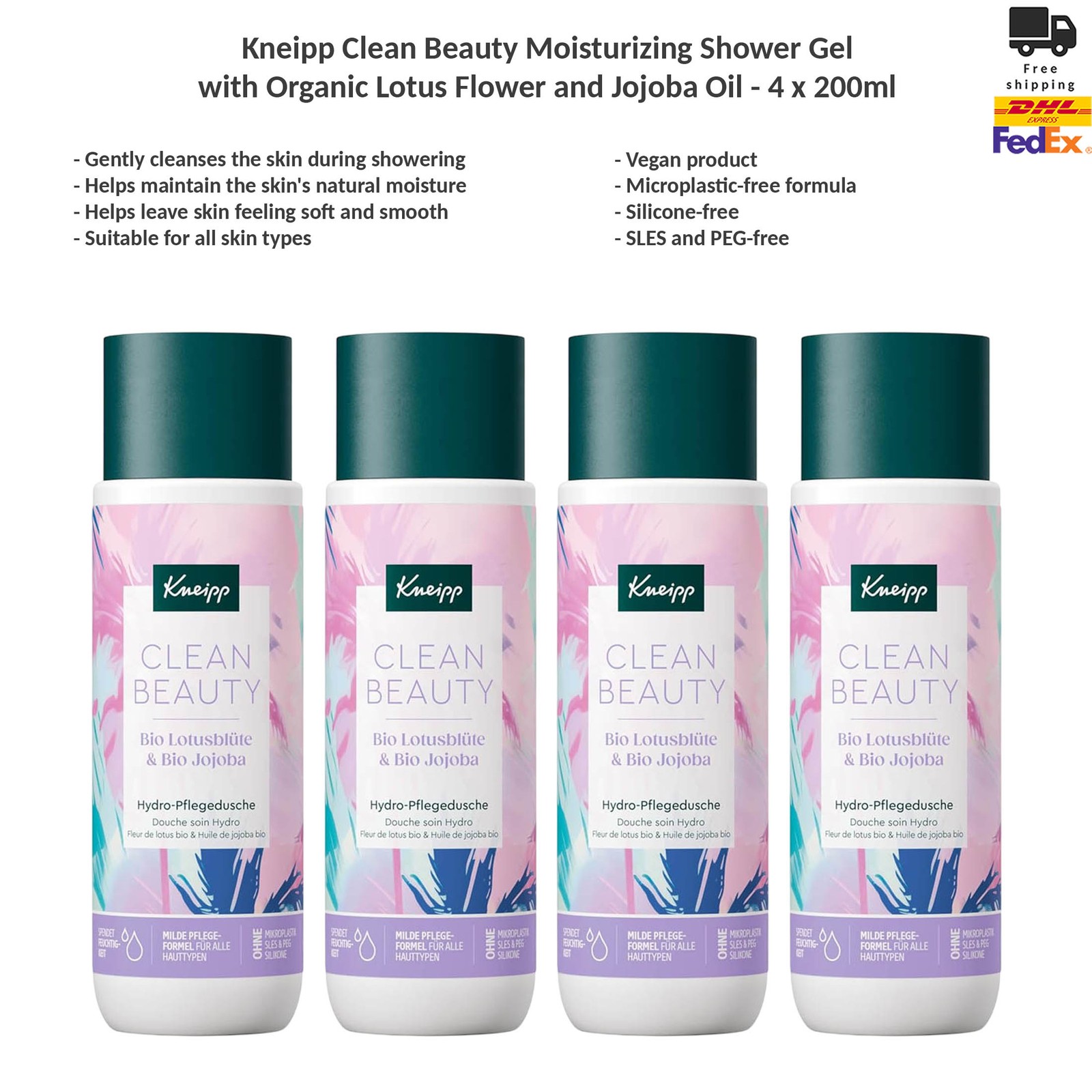 Kneipp Clean Beauty Moisturizing Shower Gel with Organic Lotus Flower 4x200ml
