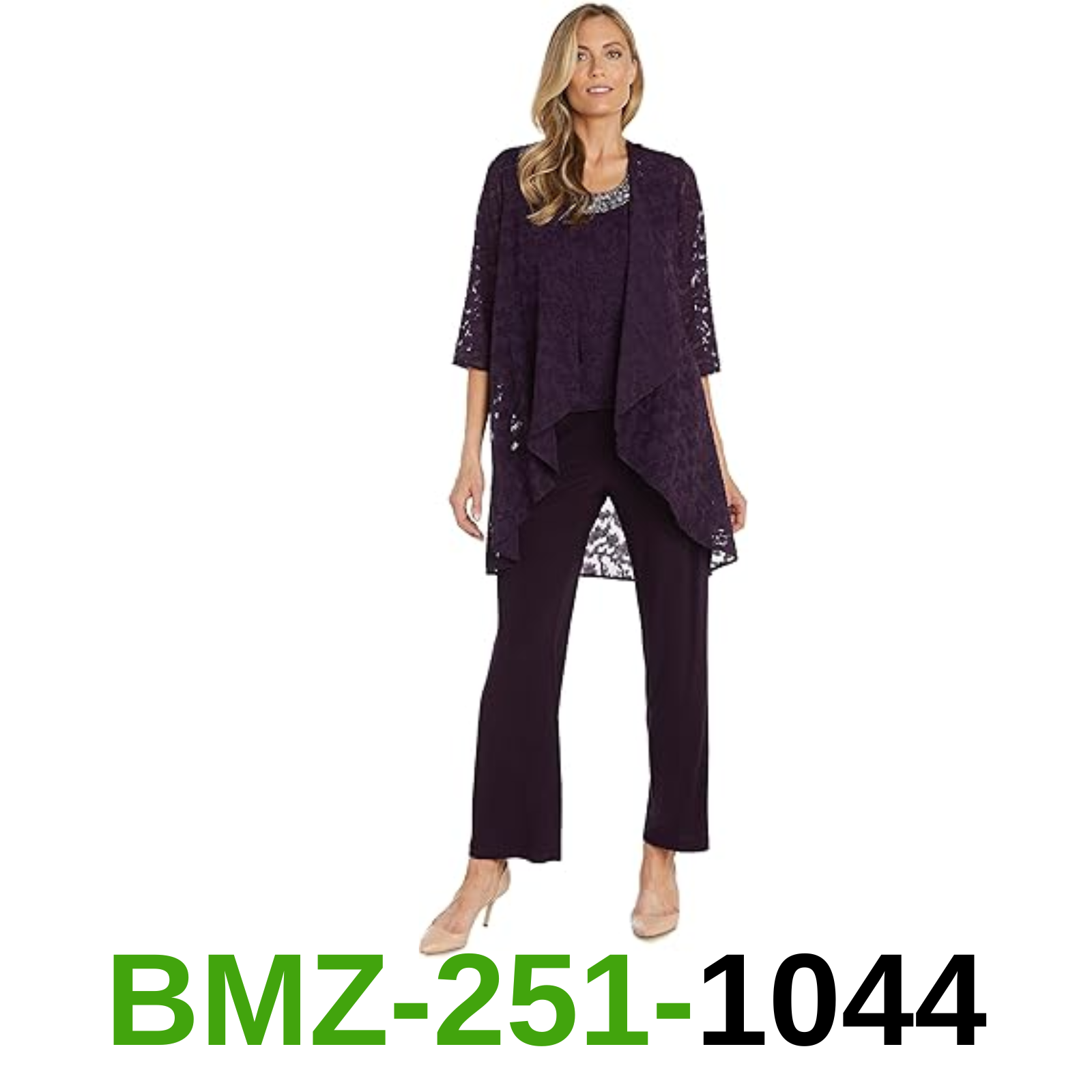 R&M Richards Women's Three Piece Duster Jacquard Burnout Pantsuit, Eggplant, 12