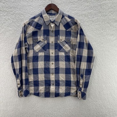 Ariat Shirt Men L Blue Cream Retro Fit Flannel Sawtooth Pearl Snap Western Rodeo