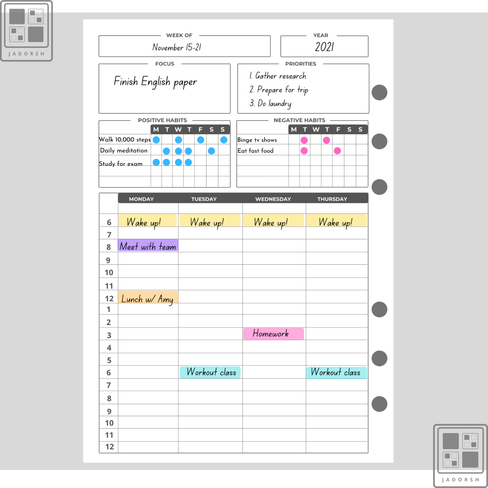 Printed A5 A6 Personal-Size Weekly Planner Insert Refills 50sheets [100Pages]