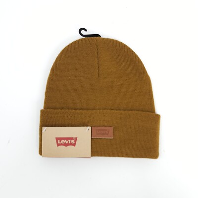 Levi's Knit Beanie Hat Cap Leather Logo Color-Tan, Soft & Stretchy Unisex Adult