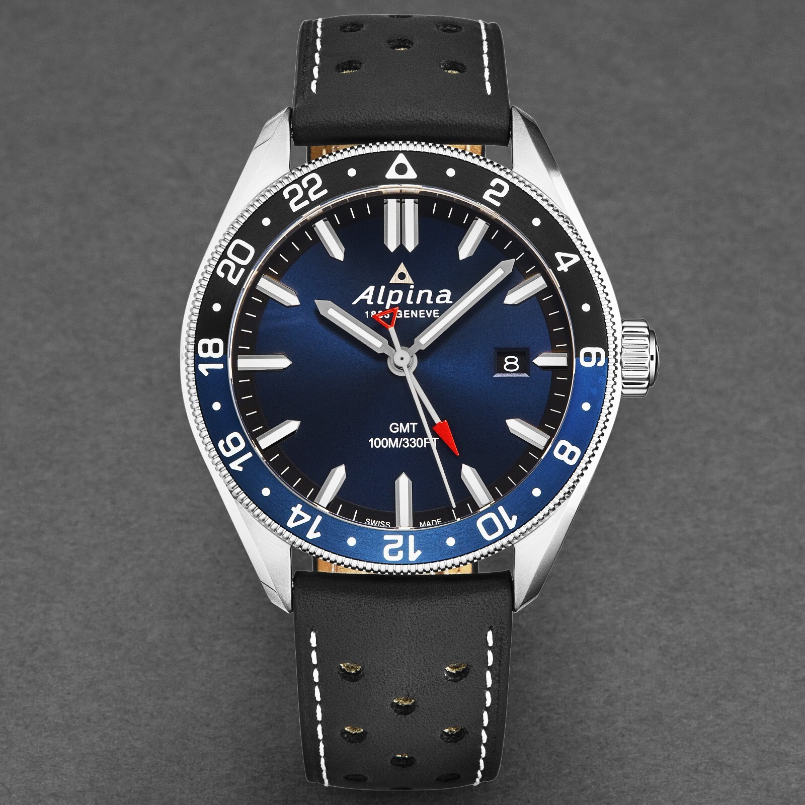 Pre-owned Alpina Mens 'alpiner' Gmt Navy Dial Black Leather Strap Quartz Watch Al-247nb4e6