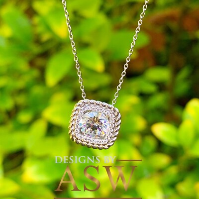 Pre-owned Knr 14k White Gold Round Moissanite And Natural Diamonds Pendent Necklace 1.15ctw