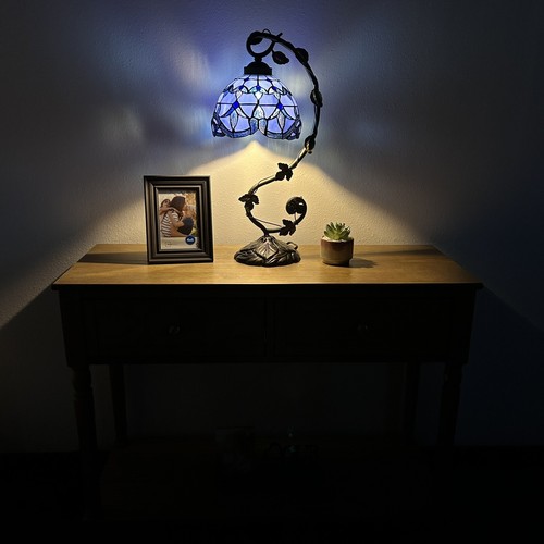 Tiffany Style Table Lamp Baroque Style Lavender Blue Stained Glass 21"H
