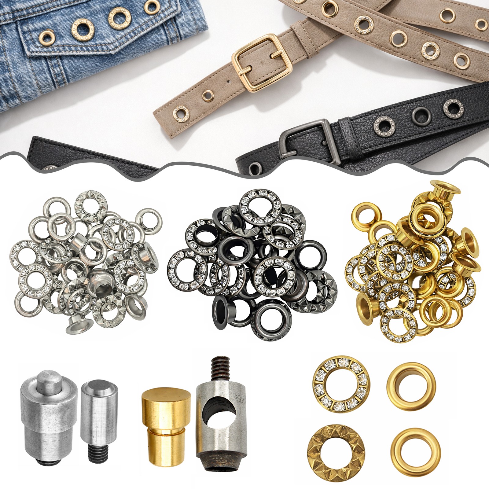 Diamante Eyelets 6mm Brass Grommets 50pcs with Eyelet Fixing & Hole Cutting Die