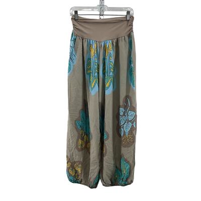 New Beige Blue Floral Print Women's See More Cotton Harem Pants, One Size