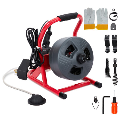 50FT 5/16'' Drain Cleaner Electric Sewer Snake Cleaning Machine W/ Cutters&Gloves