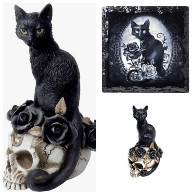 Alchemy Gothic Black Cat On Skull Paracelsus Alter Set Of 3 Statue Tile Mini New