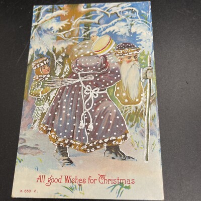 Antique Forest Santa Christmas Postcard Kid Hiding Behind Tree Brown Robe Stick