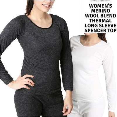 Ladies Merino Wool Blend Long Sleeve Thermal Spencer Top Underwear