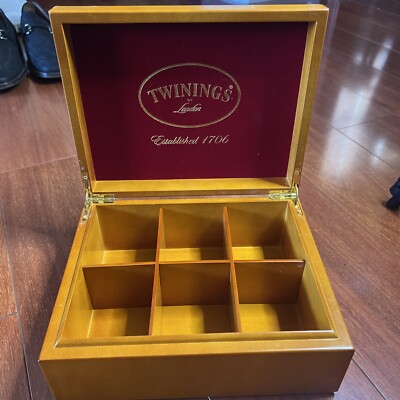 Twinings WOODEN TEA CADDY Presentation Box w/ RED VELVET LINING 6 Compartments