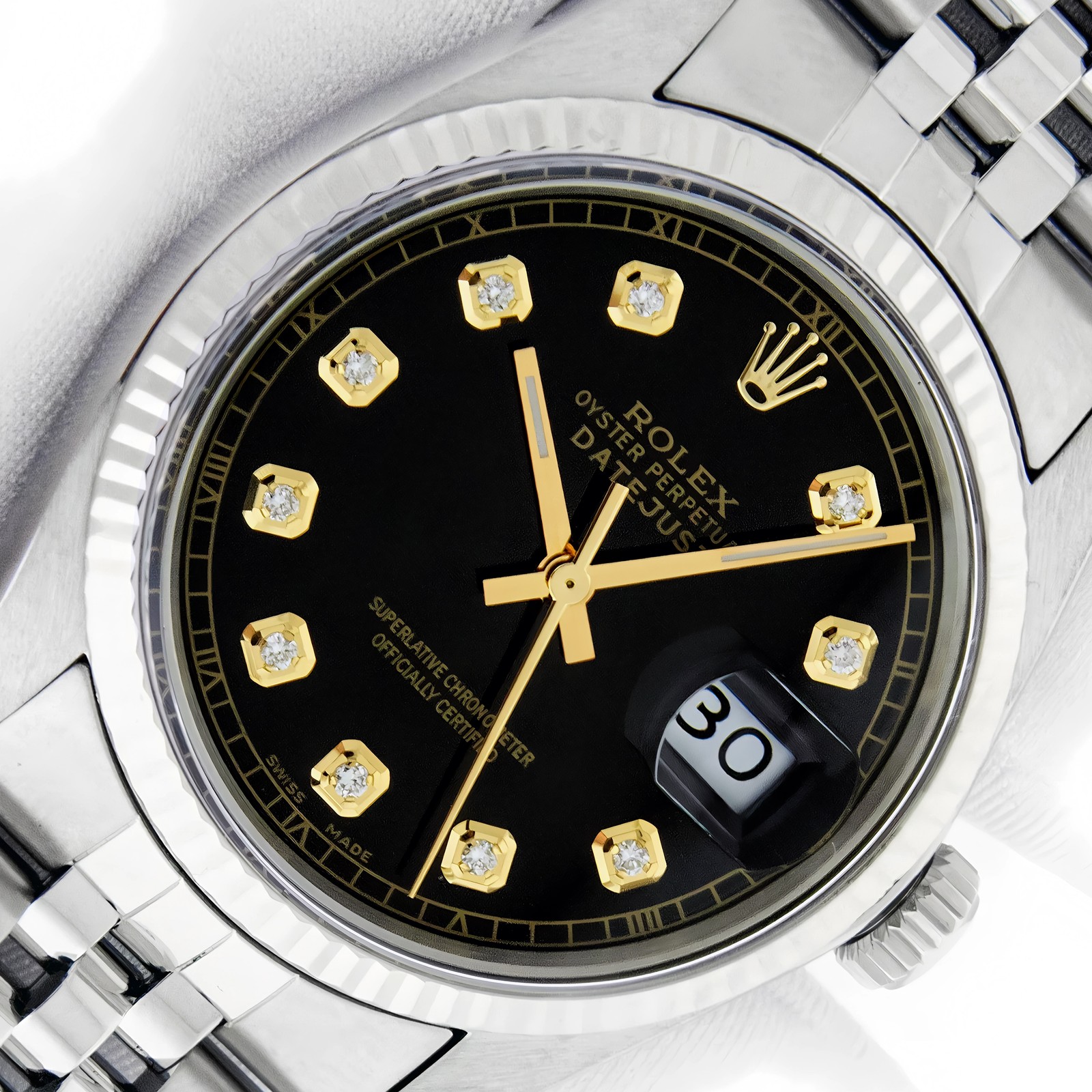 MENS ROLEX S&STEEL WATCH DATEJUST BLACK DIAMOND DIAL 18K WHITE GOLD FLUTED BEZEL