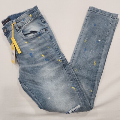 M.Society Men's Size 32X32 Super Stretch Skinny Fit Blue Denim Distressed Jeans