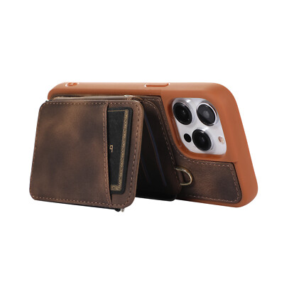 For iPhone 15 Pro Max 14 13 12 11 Zipper Pocket Leather Holder Crossbody Case