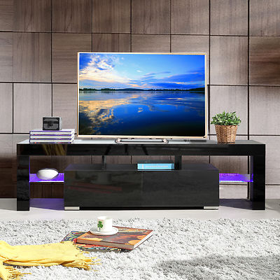 High Gloss Black TV Stand Unit Cabinet wLED Shelves 2 Drawers Console Furniture