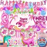 Pink Three Dino Rex Birthday Party Decorations Dinosaur 3rd Birthday Décorations Three inspired Rex Birthday Party Supplies include balloon backdrop knive fork spoon plate napkin cup tablecloth