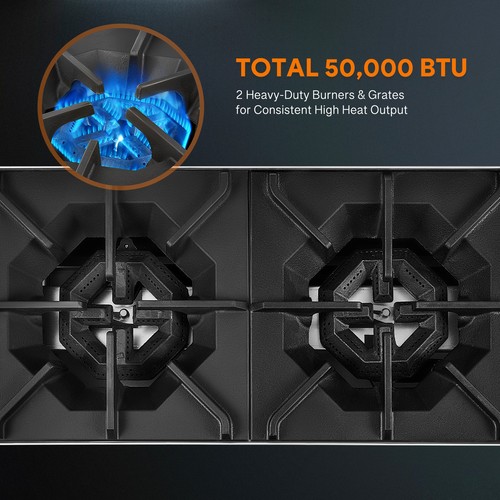 WILPREP 12" Natural Gas Range 2 Burner Countertop Gas Stove Grates 50000 BTU