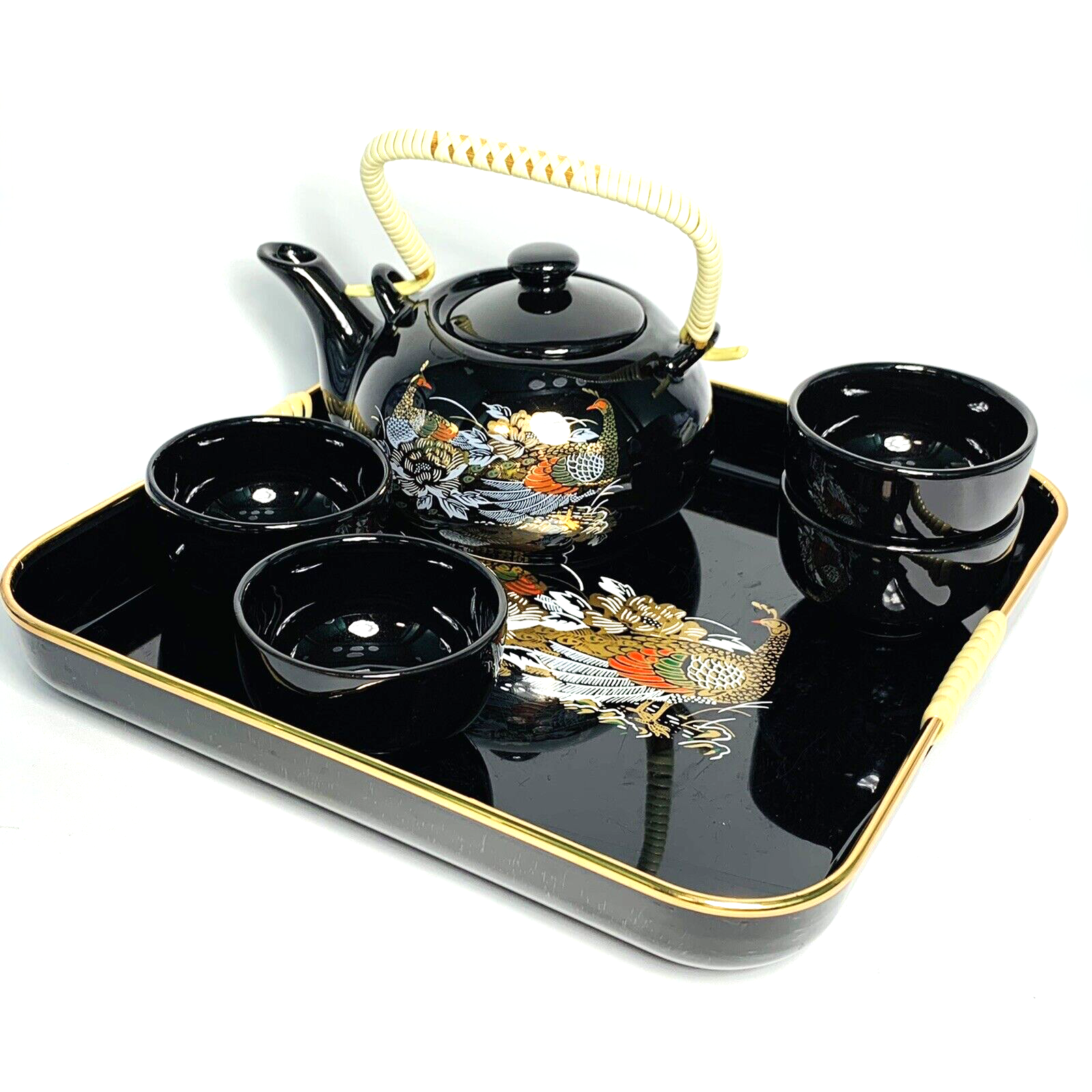 Black Gold Lacquered Peacocks Porcelain Teapot Tray 4 Cups