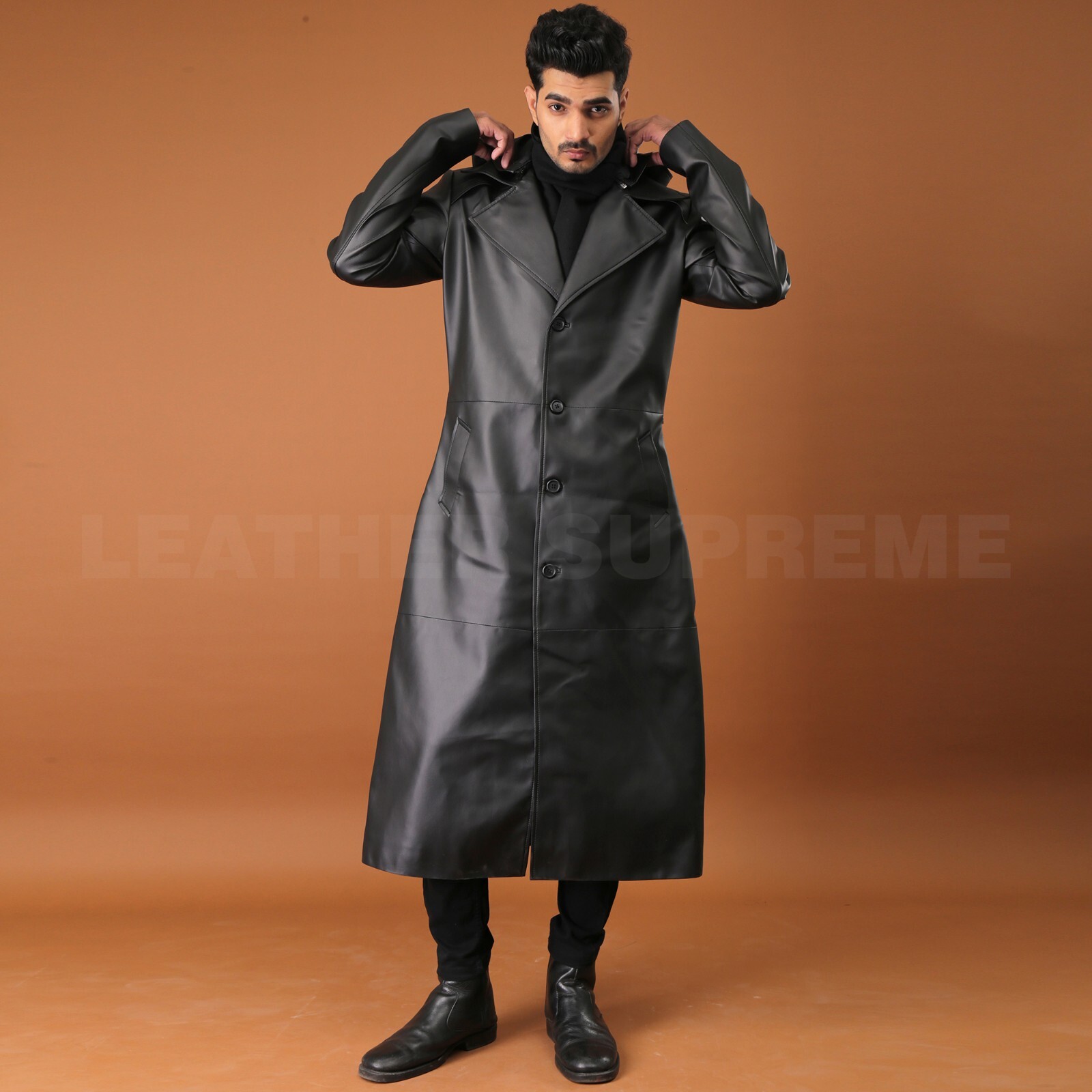 Pre-owned Supreme Men Black Long Hooded Coat For Men Leather Long Trench Coat Duster Coat