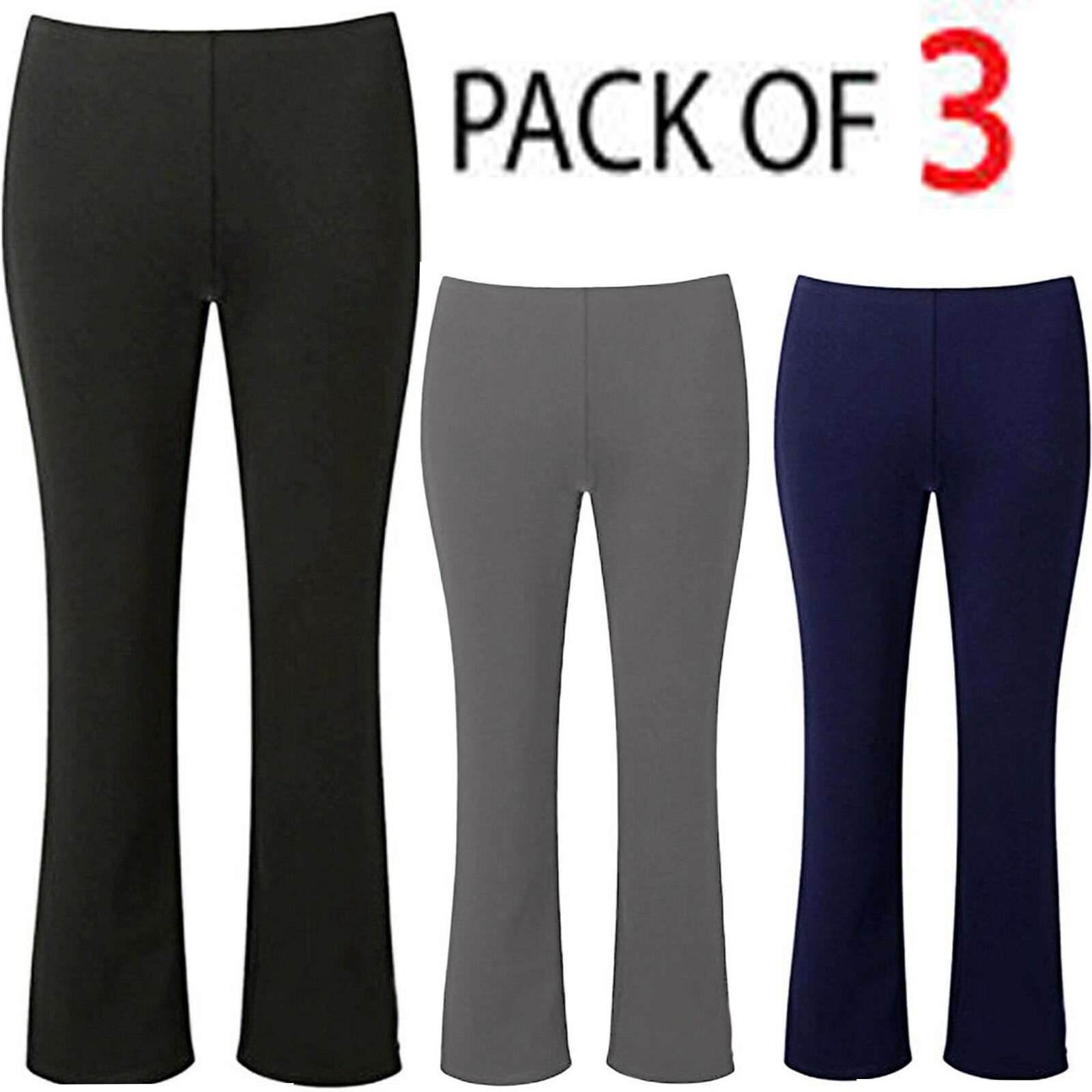 PACK OF 3 WOMEN ELASTICATED BOOTCUT TROUSER BOOTLEG FLARE
