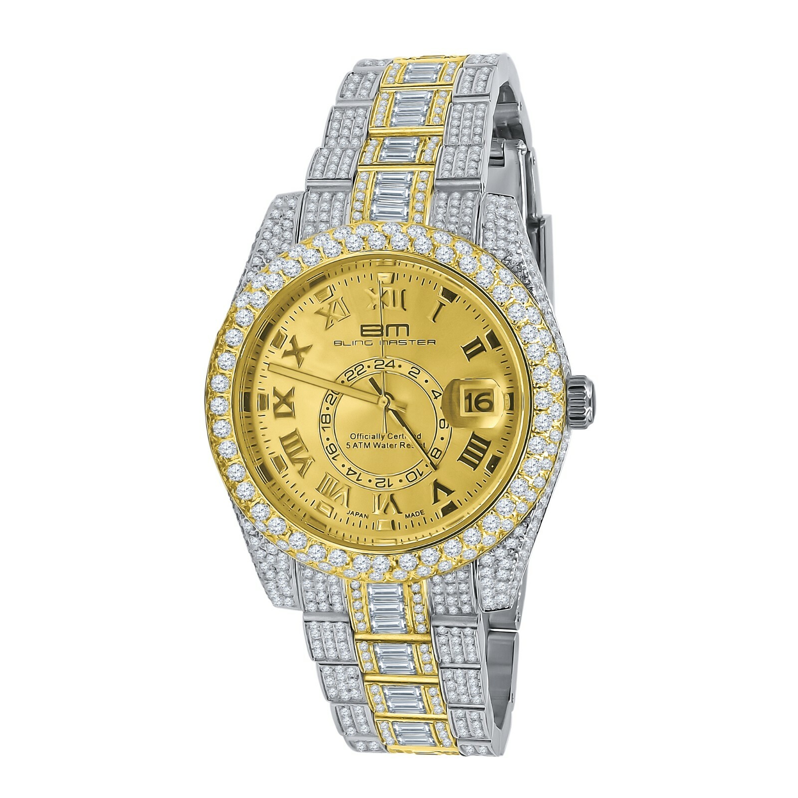 Pre-owned Bling Master 2 Tone Gold Tone Finish Full Stainless Steel Simulated Diamond Mens Watch W/date