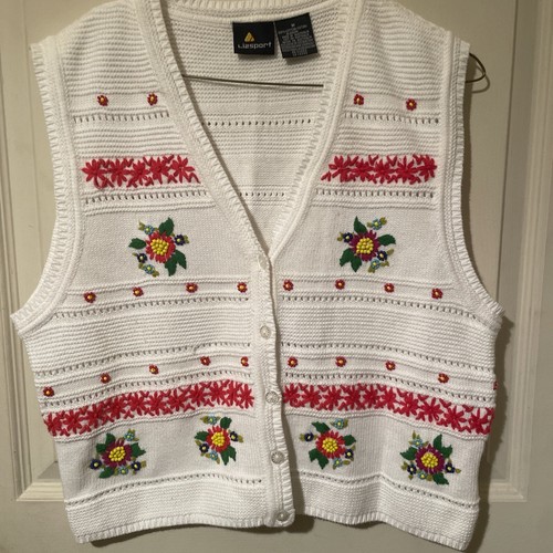 Vtg Lizsport Sweater Vest White Medium Embroidered Red