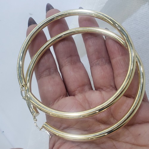 Pre-owned Handmade Extra Large Big Huge Thick Real 14k Yellow Gold Plain Hoop Earrings 3.50 Inches