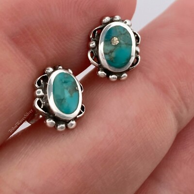 Turquoise  Sterling Silver Stud Earrings 925 Simulated, Oval 9.4 mm, USA