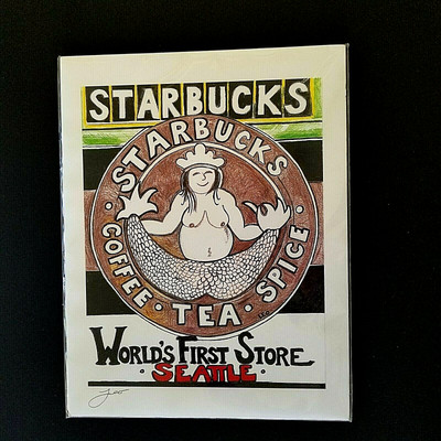 Starbucks Coffee Art Sketch Leo Worlds First Store Seattle Mermaid Autographed