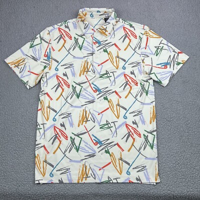 Swing Juice Golf Polo Shirt Mens Medium Beige Geometric Abstract AOP Stretch NWT