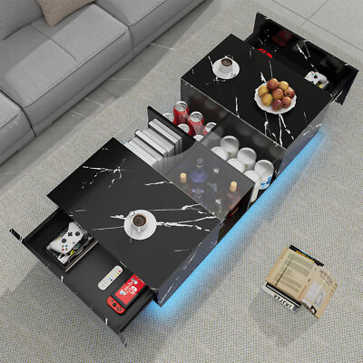 Modern White Coffee Table High Gloss with LED Light & Storage Drawer Living Room