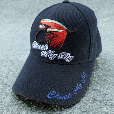 Fly Fishing Hat Mens OSFM Blue Embroidered Tied Funny ''Check my Fly'' Outdoor Cap