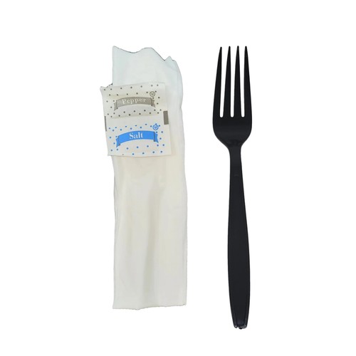 500 Kits Disposable Black Plastic Fork with Napkin and Salt/pepper Packet 500Ct.