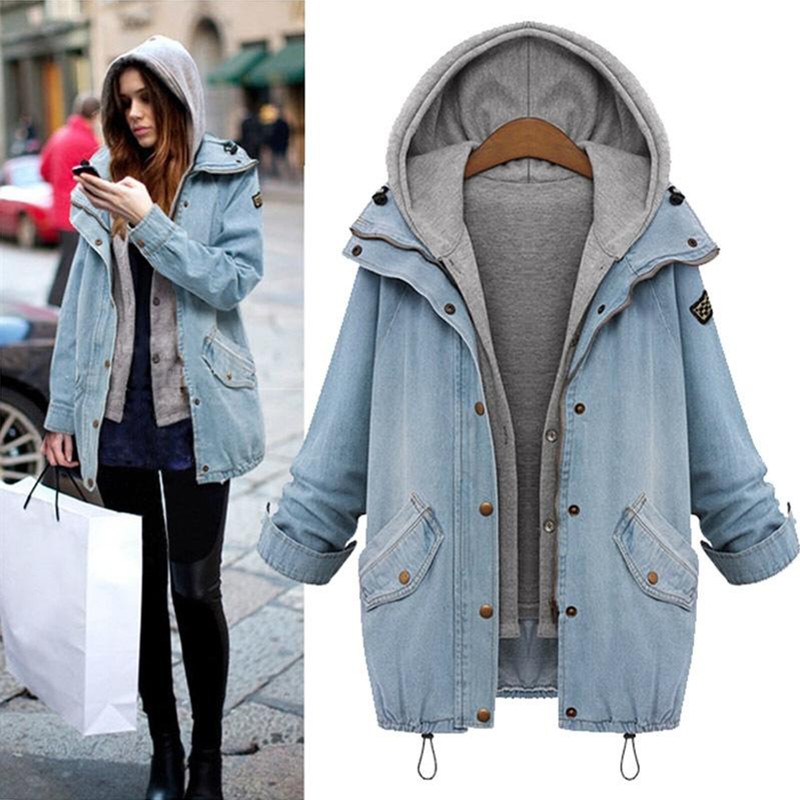 Womens Oversized Denim Coat Hoodie Hooded Hoody Winter Outwear Jean