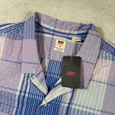 NWT Levis Mens Shirt XXL Blue/Pink/White Seersucker Relaxed Fit Check Patchwork