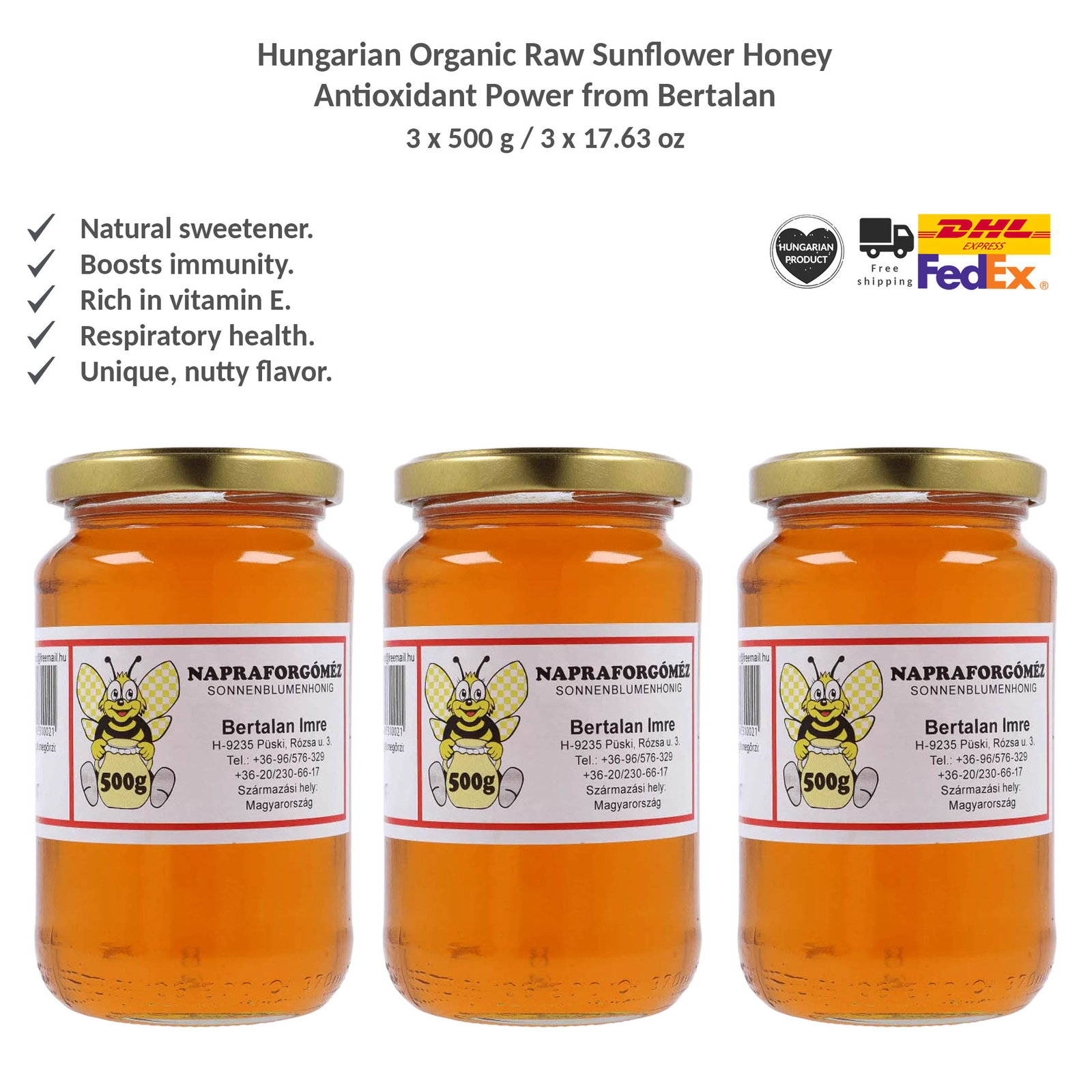 Hungarian Organic Raw Sunflower Honey Antioxidant Power from Bertalan 500gx3
