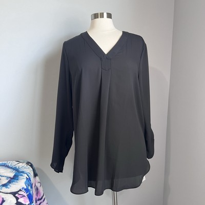 Apt. 9 Women's Size XL Black Long Sleeve Roll Tab Button Semi Sheer Tunic Blouse