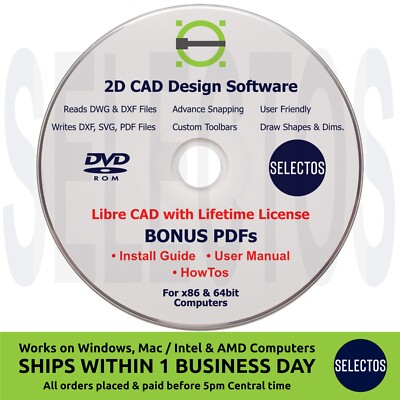 2024 Libre CAD 2D Design Software CD for Windows & Mac + PDFs Install, Manual