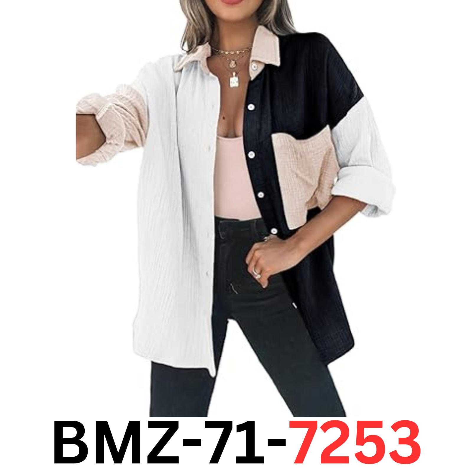 Dokotoo Classic Color Block Button Up Shirts Comfy Roll Up Long Sleeve Blouse, L