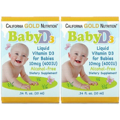 California Gold Nutrition, (2 упаковки) витамин D3 в каплях для детей, 400 МЕ. 34 жидких унции (10
