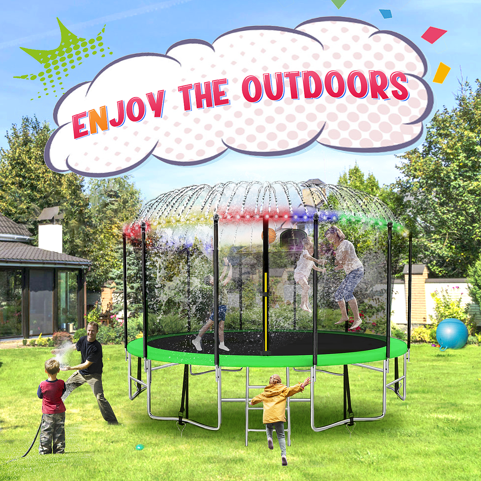 16FT Backyard Trampoline for Kids with Safety Enclosure Net, Basketball Hoop