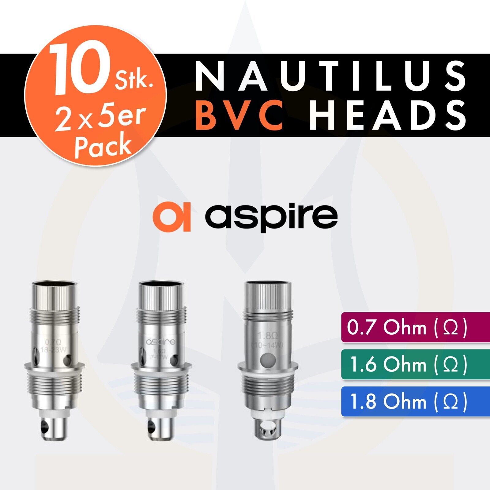 10 x ASPIRE NAUTILUS BVC Coils / Heads (2x5er) Verdampferkpfe 0, 7+ 1, 6+ 1, 8 Ohm Ω