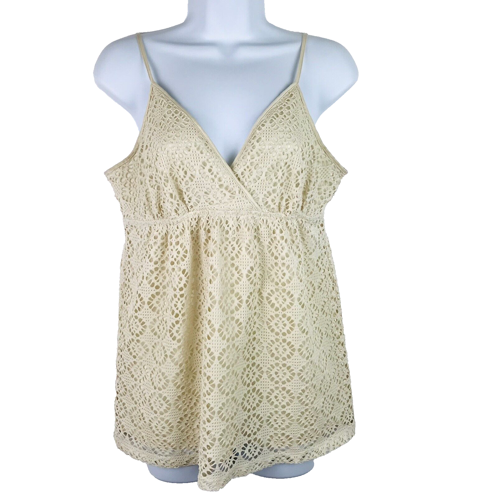 EXPRESS Crochet Ivory Baby Doll Tank Top V Neck Crossover Cami Lined Boho Size M