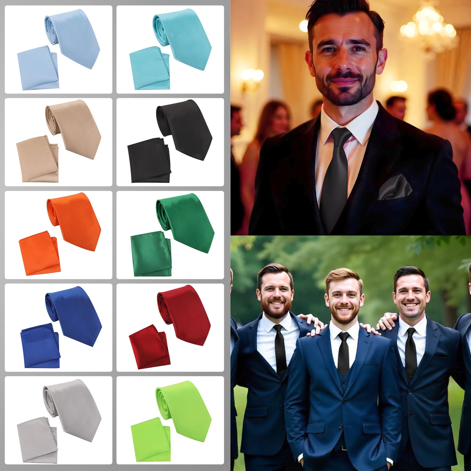 Mens Tie Handkerchief Plain Solid Colour Classic Slim Skinny Smart Party Wedding