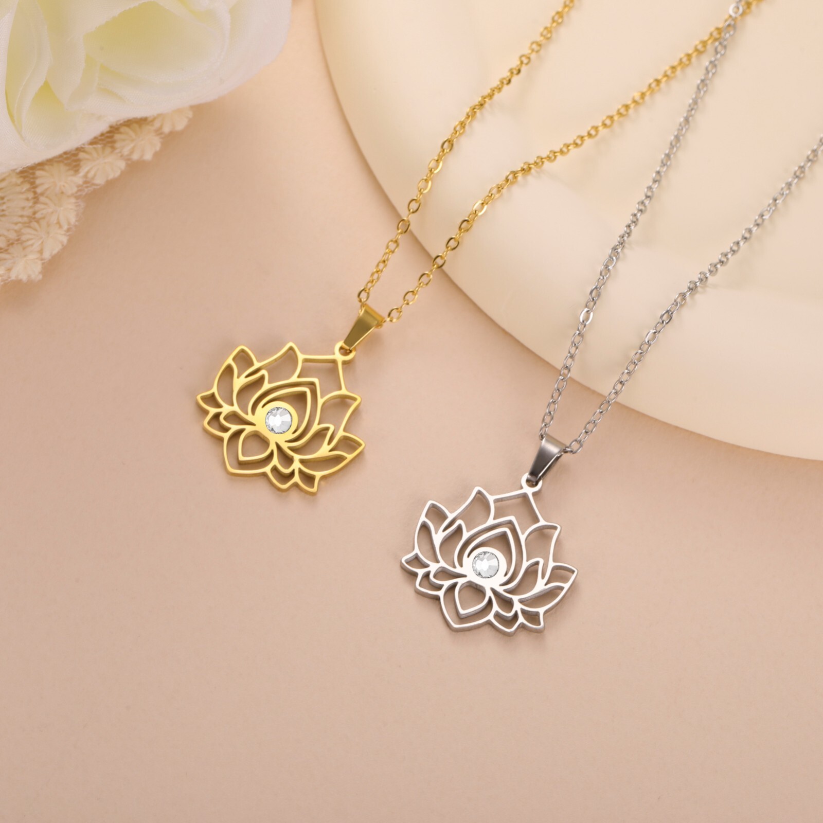 Lotus Clear Zircon Pendant Necklace Stainless Steel for Women