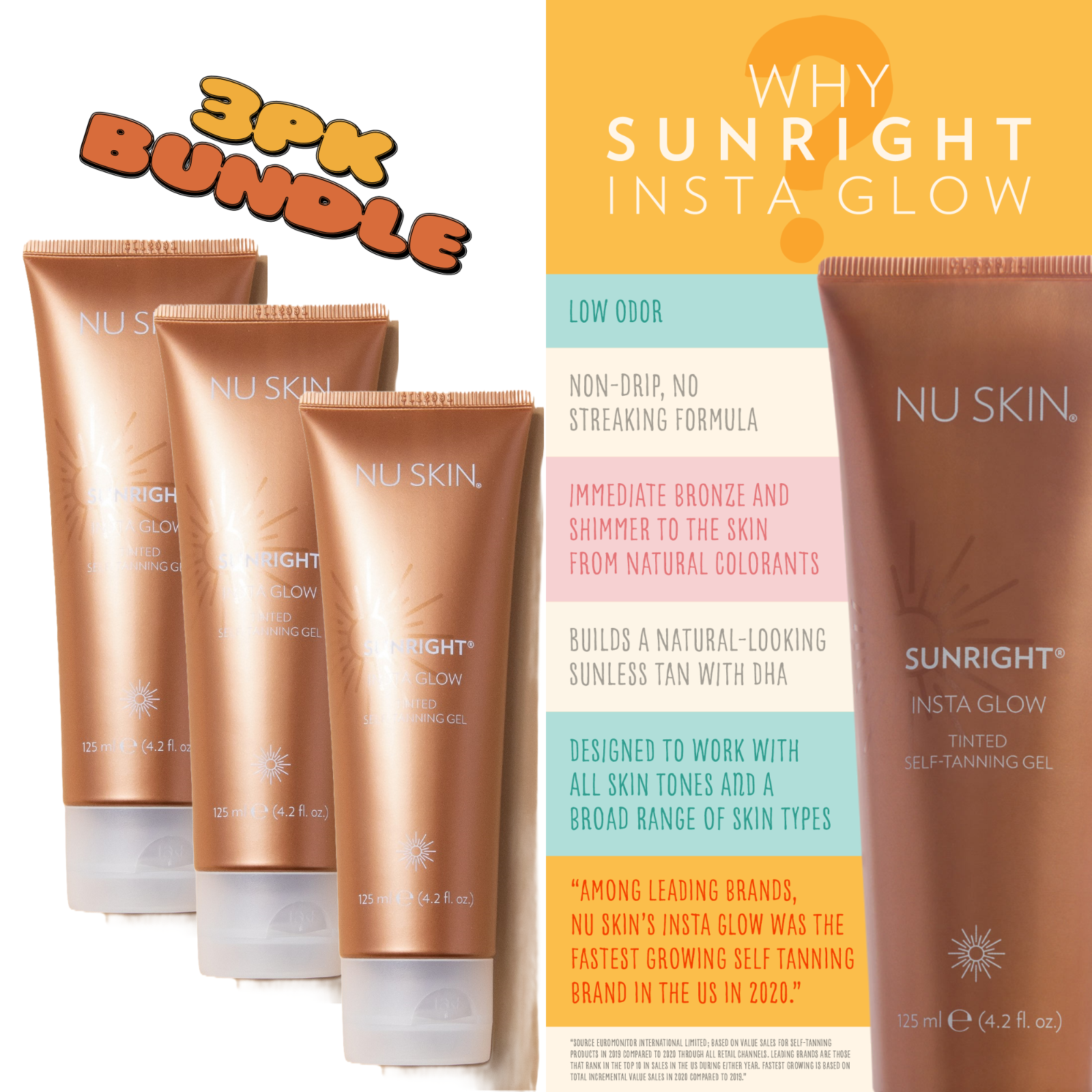 [3pk] Nu Skin NuSkin Sunright Insta Glow Self Tanning Gel LOW ODOR Exp 07/2026