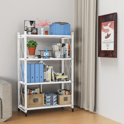USED 3/4 Tier Heavy Duty Foldable Metal Rack Storage Shelving Unit Wheel Kitchen