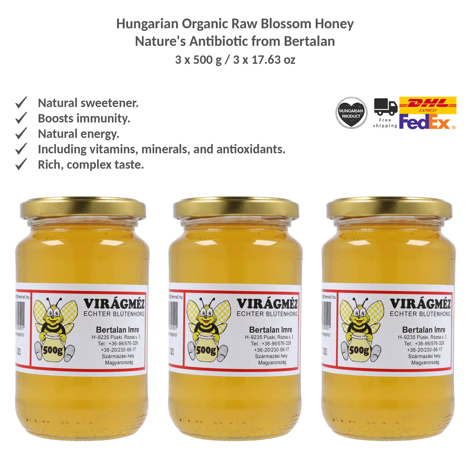 Hungarian Organic Raw Blossom Honey Antioxidant Power from Bertalan 500gx3
