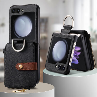 For Samsung Galaxy Z Flip6 5 4 3 Elegant Zipper Wallet Hard Card Ring Stand Case