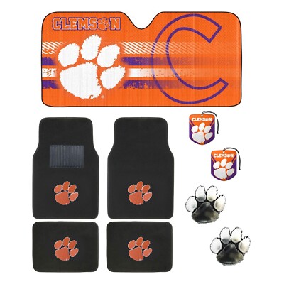 NEW CLEMSON TIGERS 4pc CARPET FLOOR MATS / SUNSHADE / 2pc FRESHER / 2pc EMBLEM